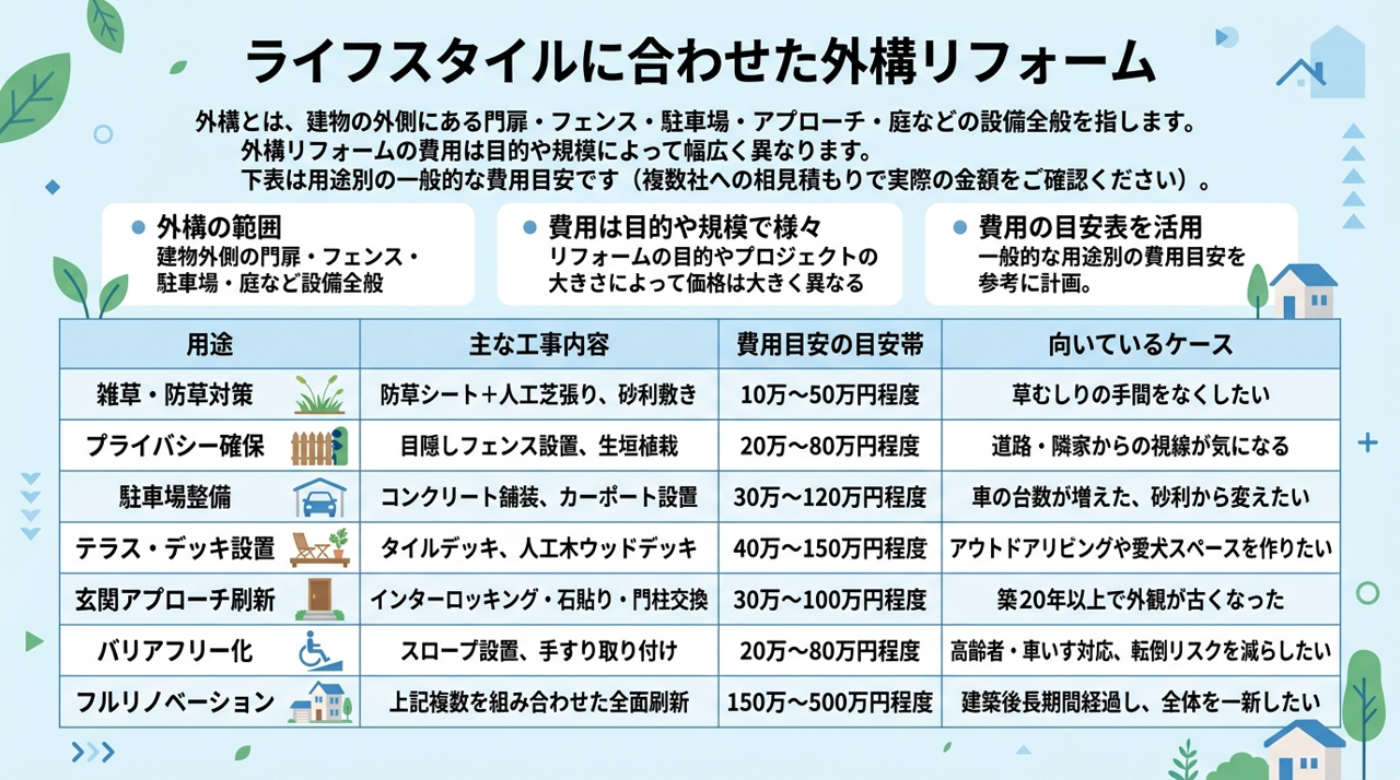 ライフスタイルに合わせた外構リフォームの図解