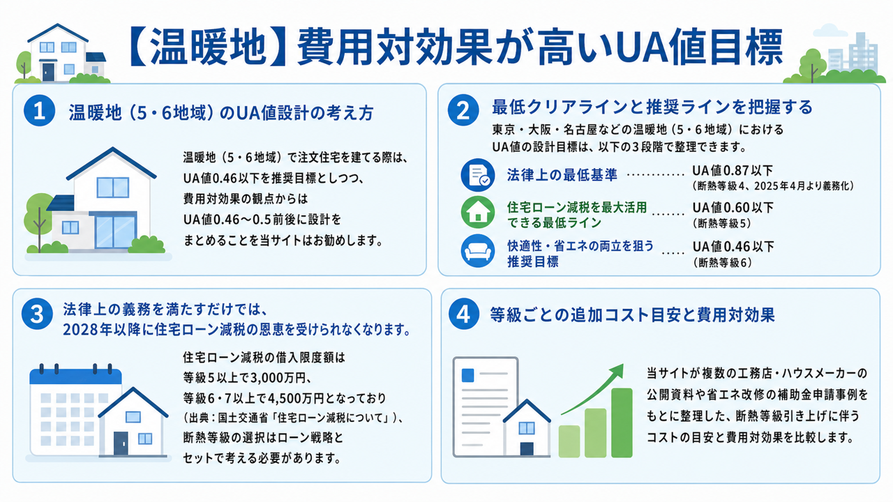 【温暖地】費用対効果が高いUA値目標の図解